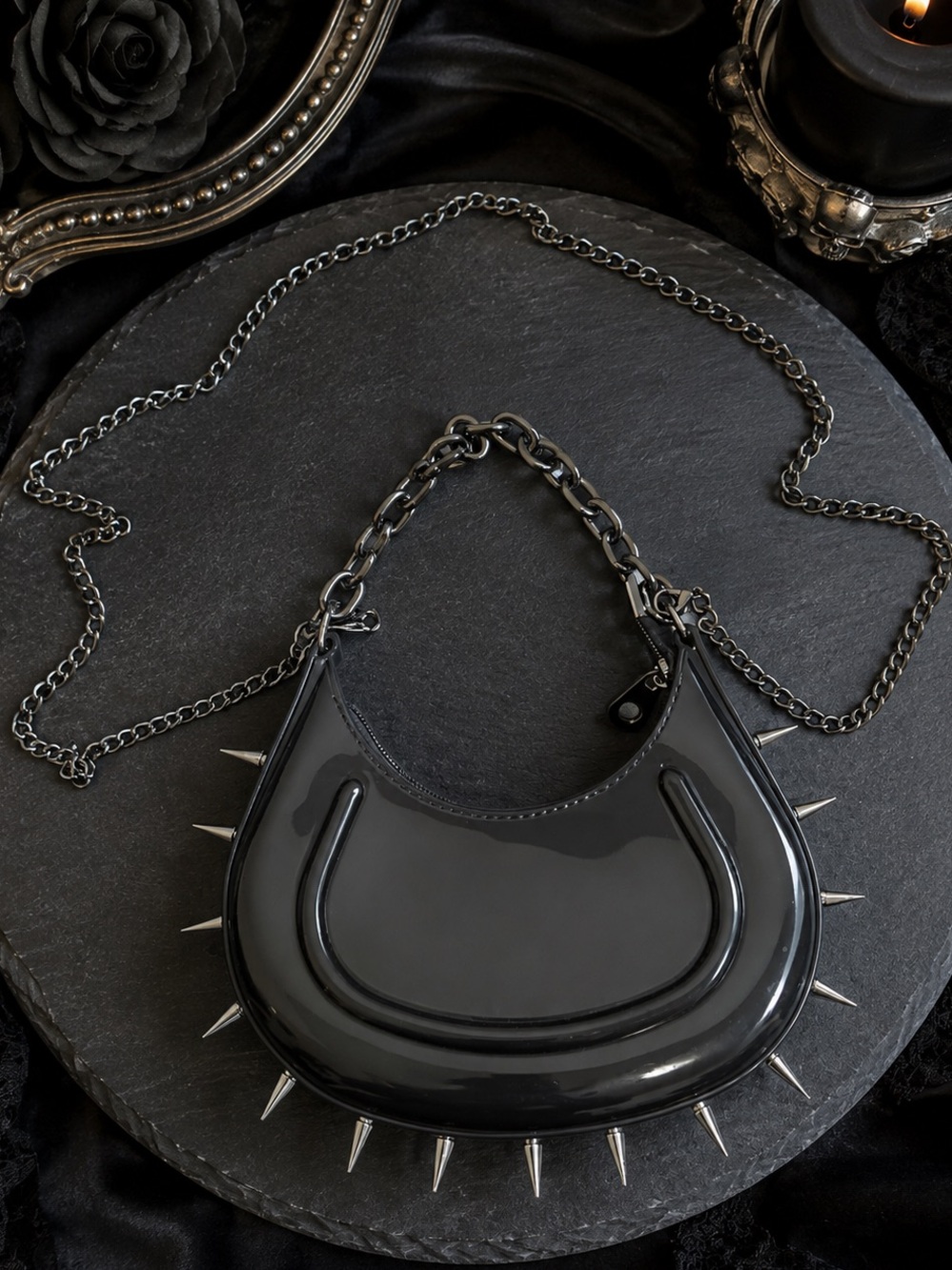 Black Spiked Patent Crescent Shoulder Bag
